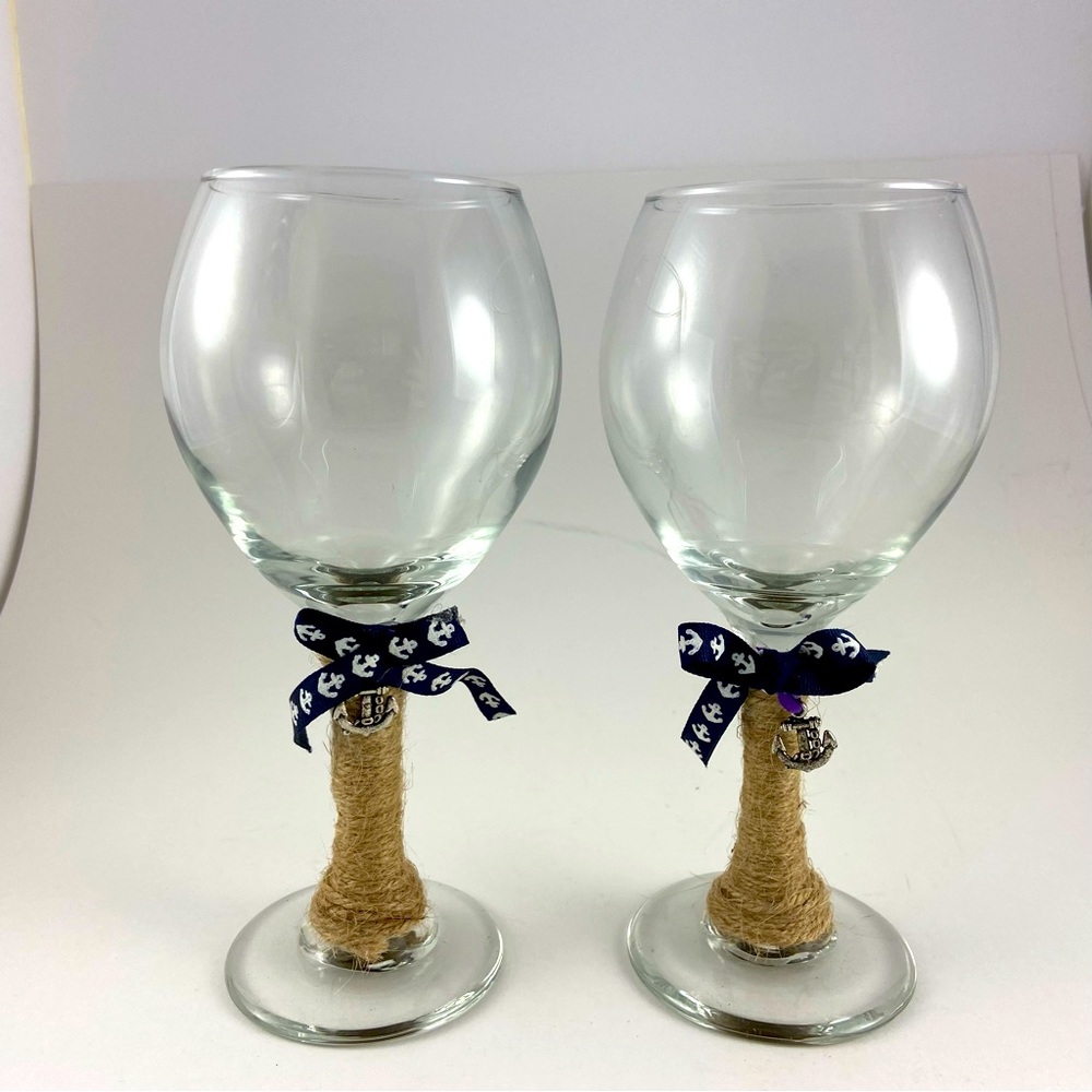 Wine Glasses Set of 2 with Wicker Rattan Wrapped Stems with Navy Anchor and Blue